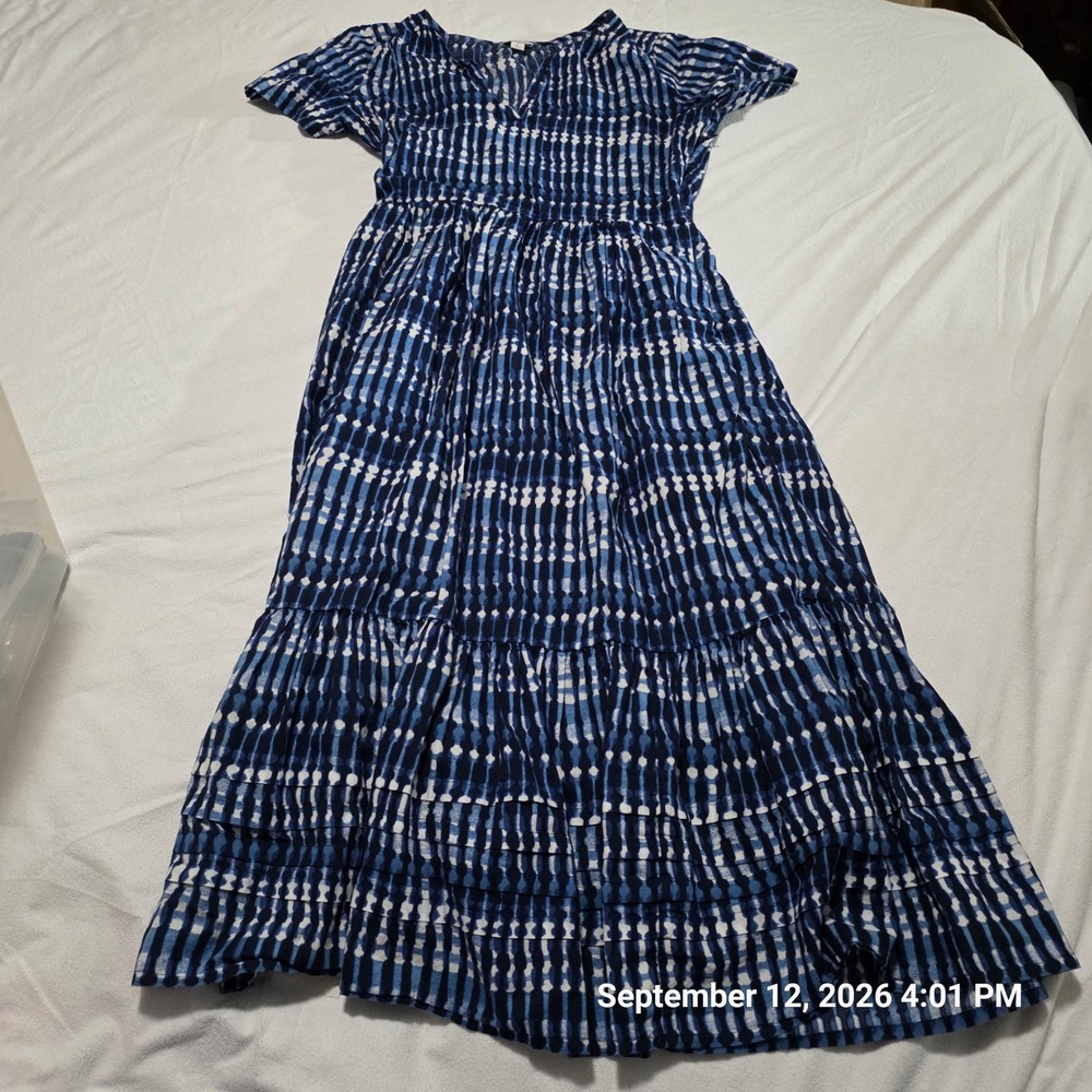 J.Crew Re-Imagined Blue White Ikat Geometric Tiered Cotton Midi Dress 2